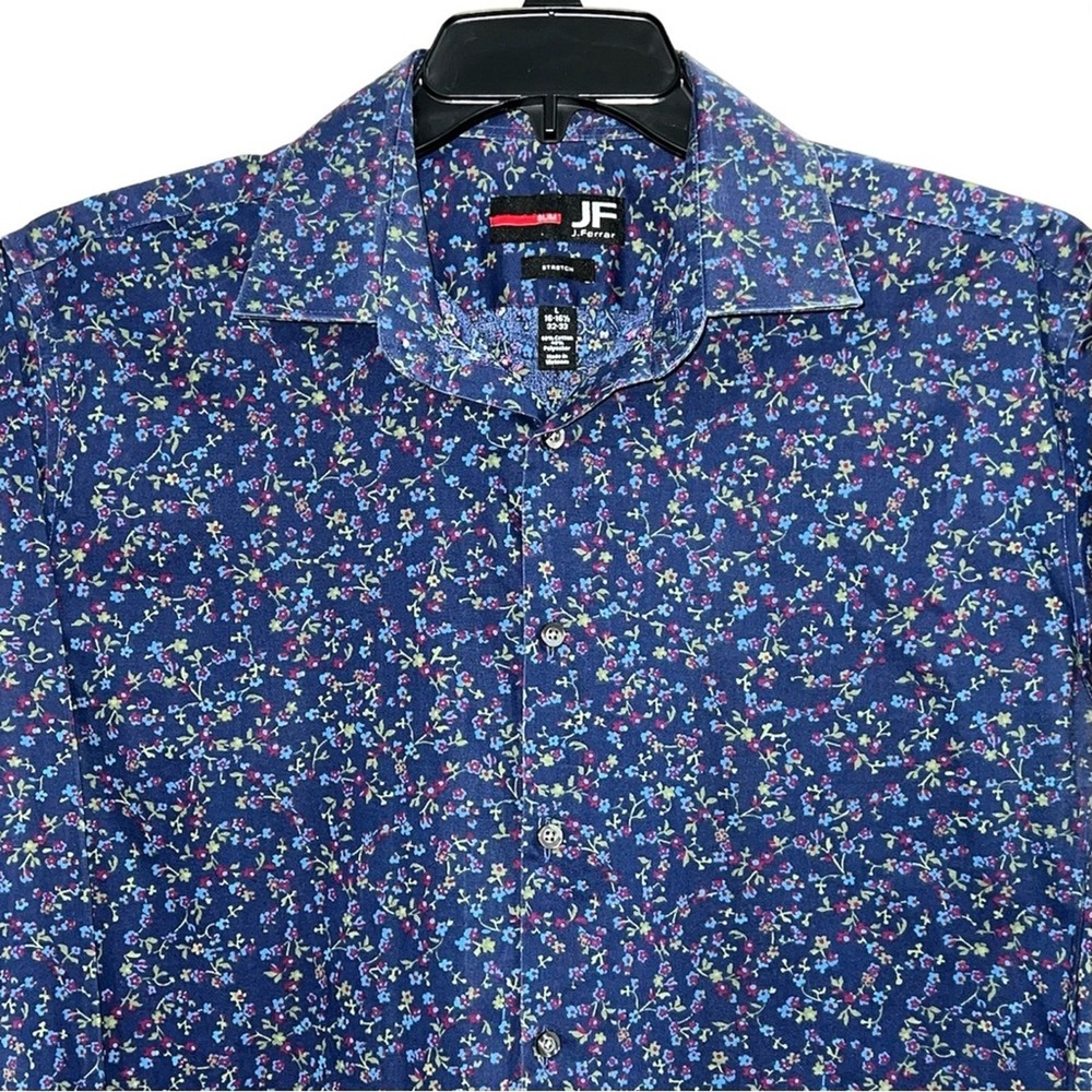 J. Ferrar Button Down Shirt Mens L Blue Floral Slim Fit Stretch Long Sleeve